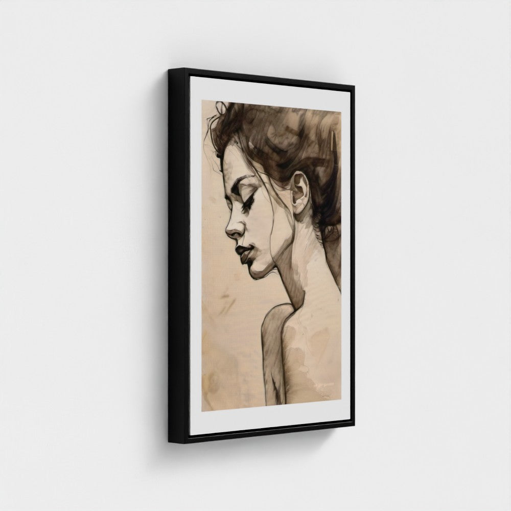 Framed artwork of a woman's profile on a beige background