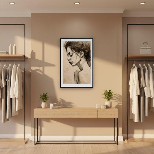 Fashion store interior with clothing racks and a framed artwork on the wall.