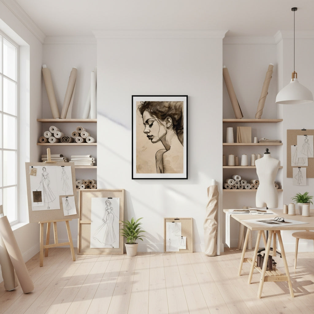 Art studio with shelves, artwork, and a large portrait on the wall.