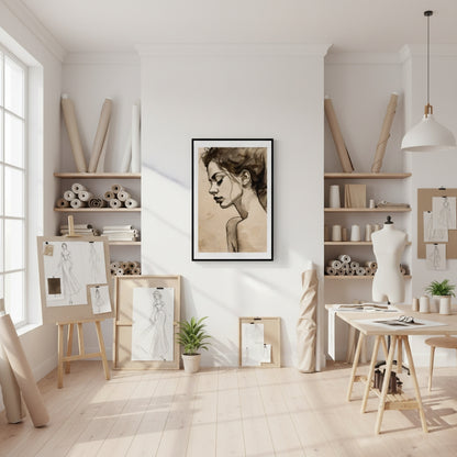 Art studio with shelves, artwork, and a large portrait on the wall.