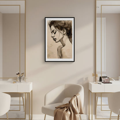 Framed artwork of a woman's portrait in a modern interior setting with mirrors and furniture.
