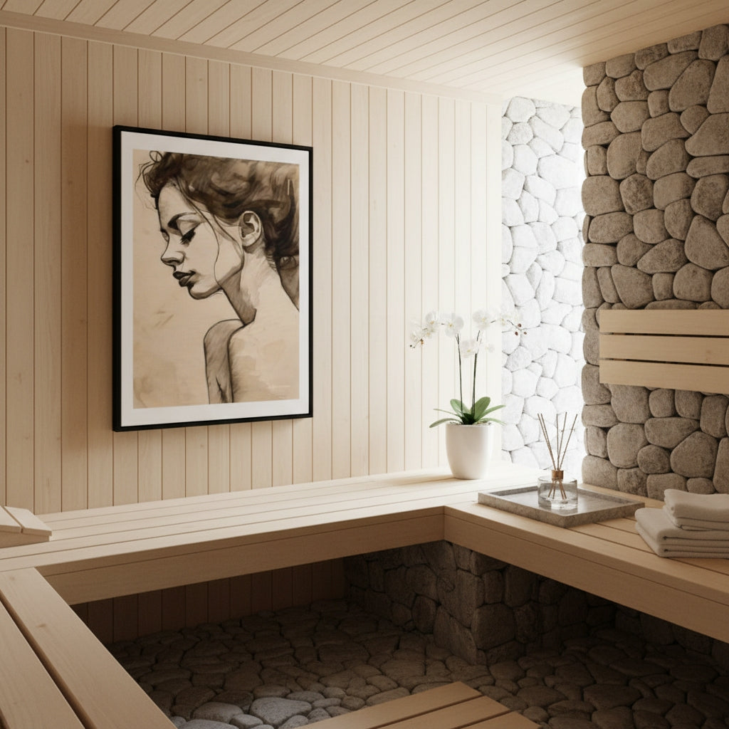 Relaxation room with stone wall, wooden bench, and framed artwork.