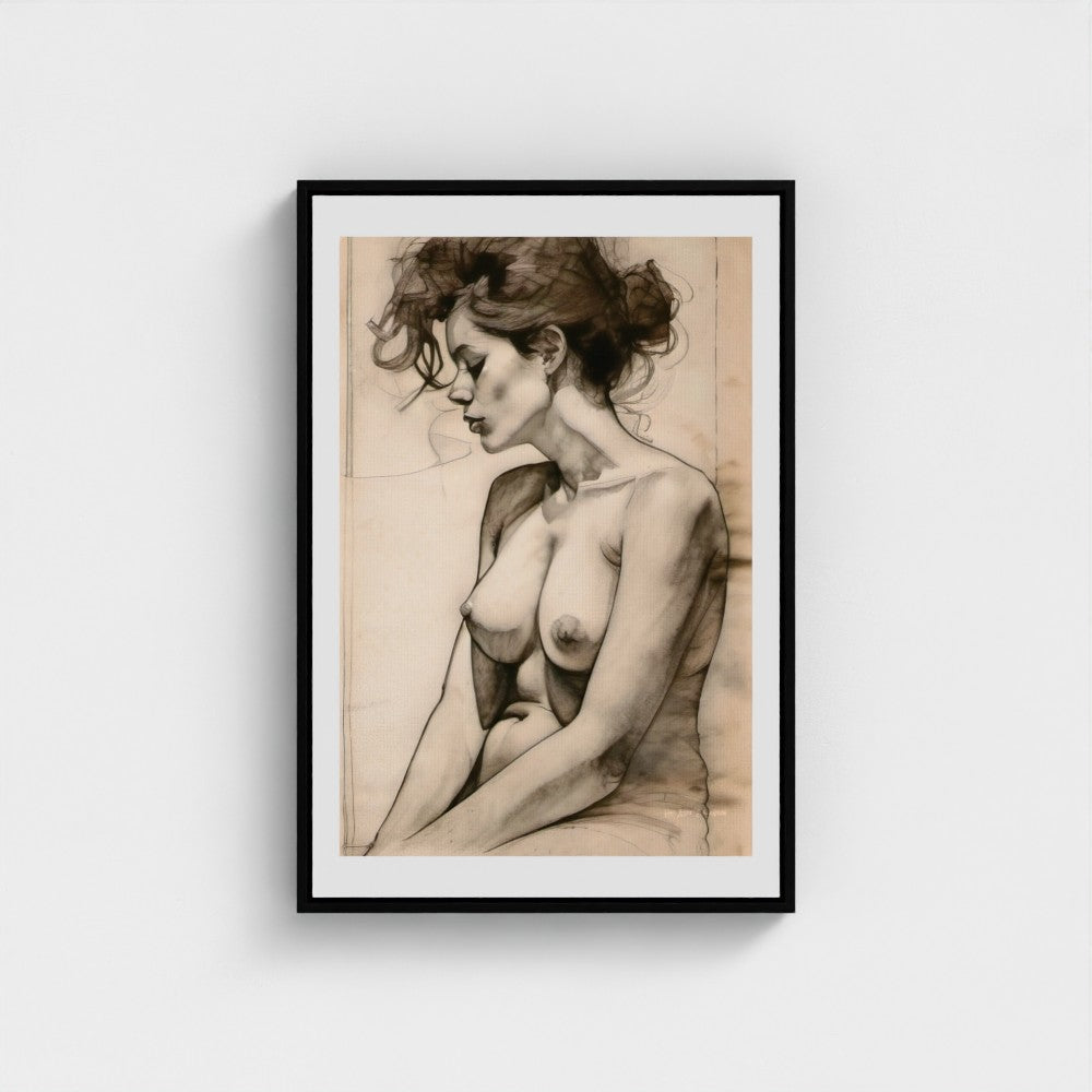 Framed artwork of a nude woman on a white wall