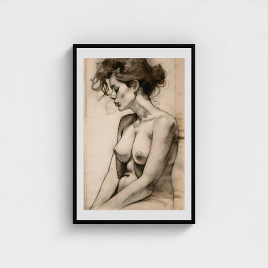 Framed artwork of a nude woman on a white wall