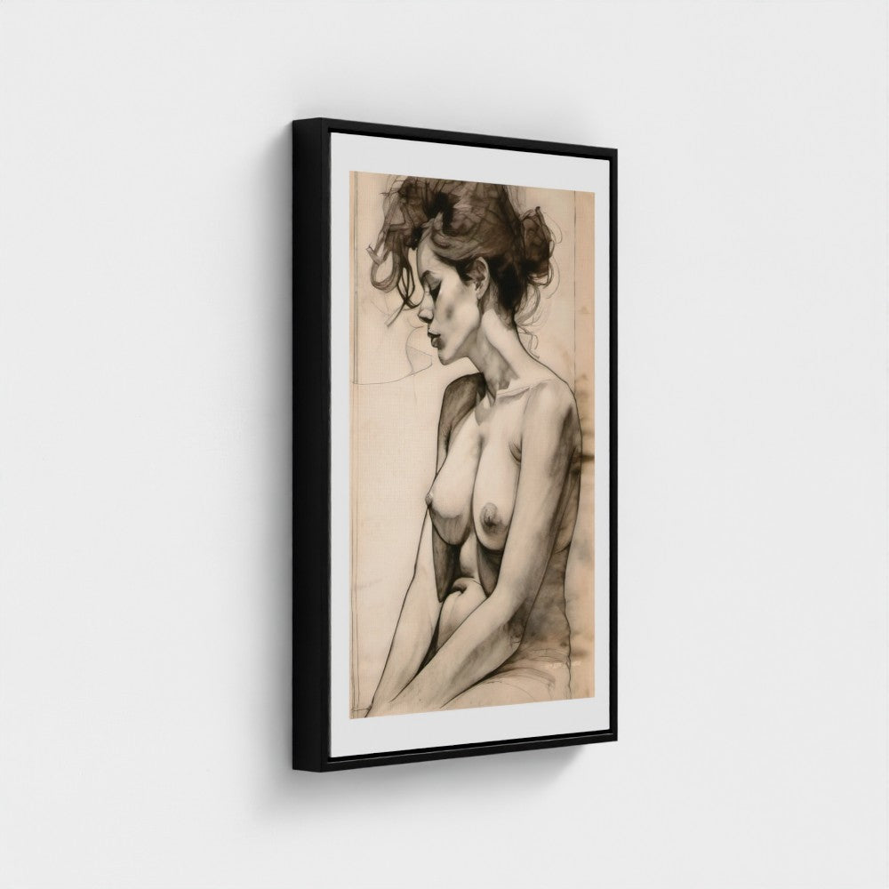 Framed artwork of a nude woman on a white wall