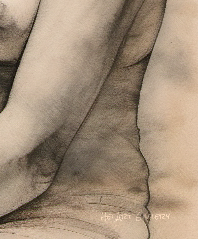 Abstract art with wavy lines in brown tones, signed 'Heidi Atti Gougerot'.