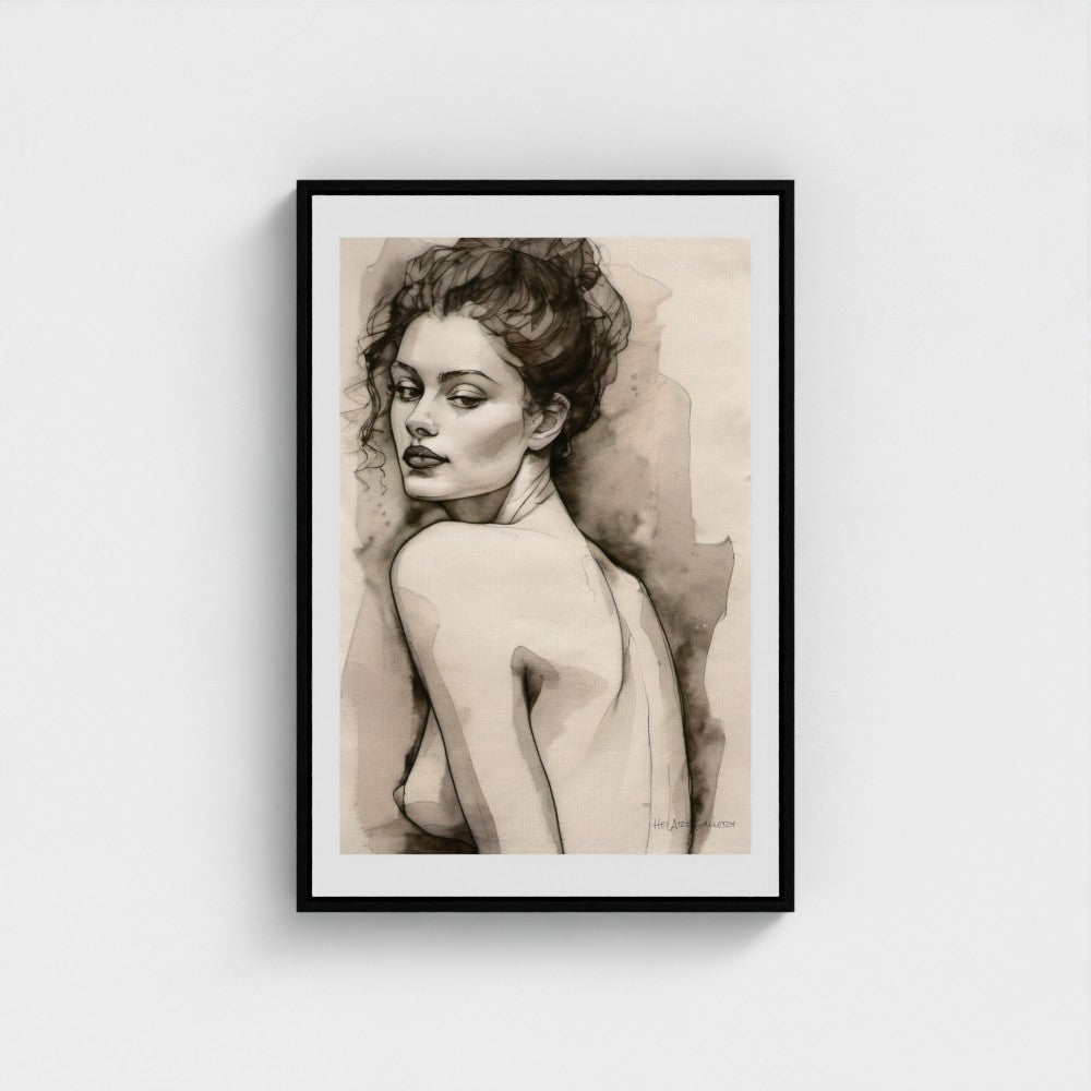 Framed artwork of a nude woman on a white wall