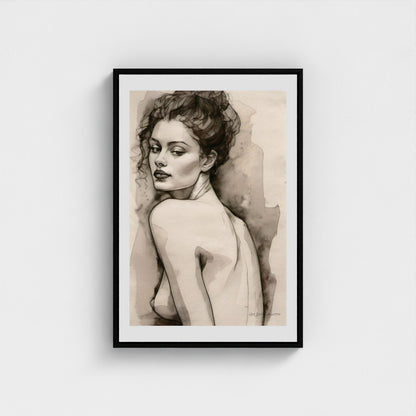 Framed artwork of a nude woman on a white wall