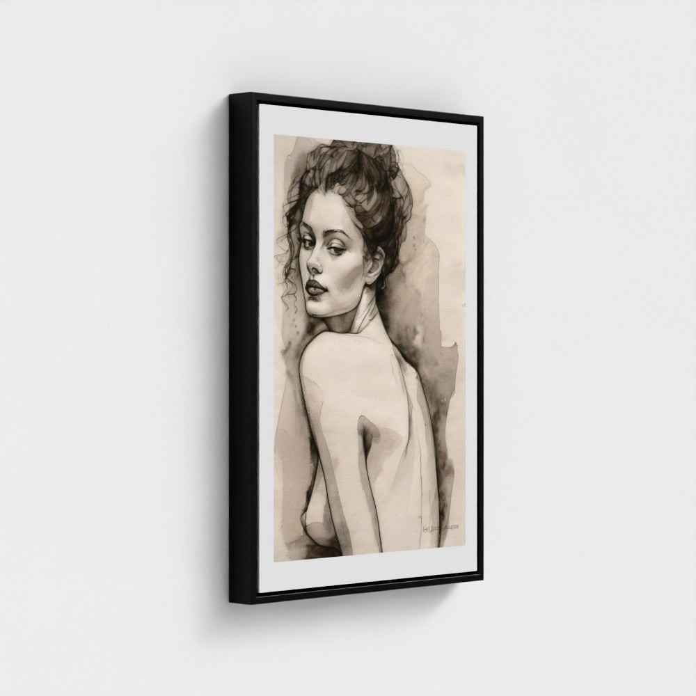 Framed artwork of a nude woman on a white wall