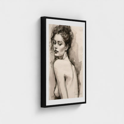 Framed artwork of a nude woman on a white wall