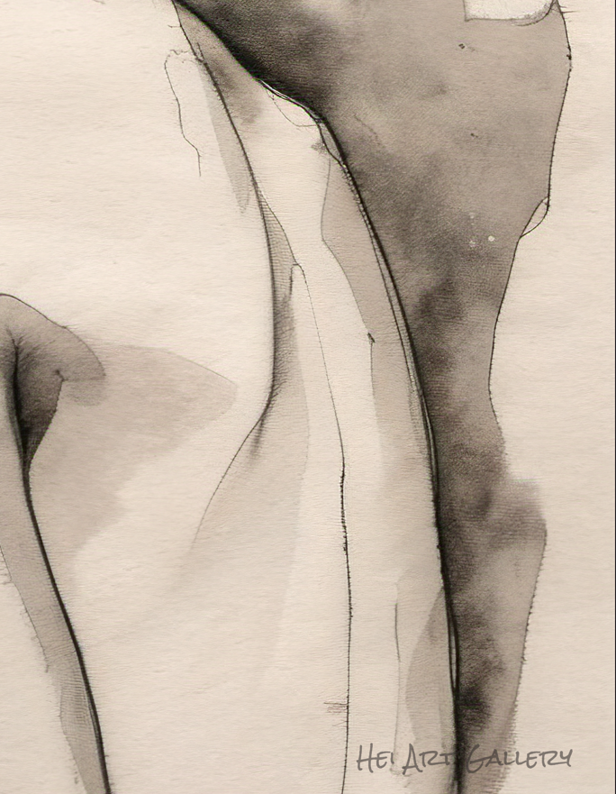 Abstract black and white artwork with wavy lines on a beige background