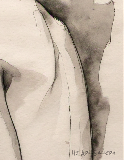 Abstract black and white artwork with wavy lines on a beige background