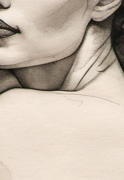 Close-up of a person's neck and shoulders with a blurred background