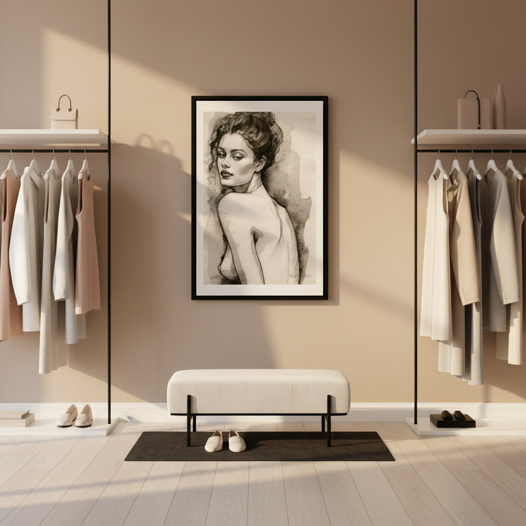 Nude art print on a wall in a stylishly decorated room with clothing racks and a bench.