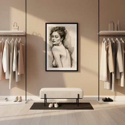 Nude art print on a wall in a stylishly decorated room with clothing racks and a bench.