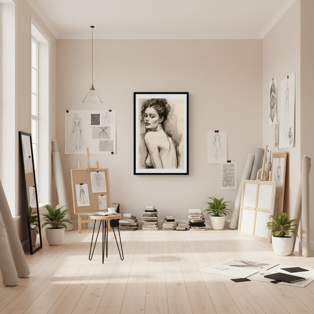 Modern interior with framed artwork on a wall, books, and plants.