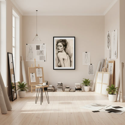 Modern interior with framed artwork on a wall, books, and plants.