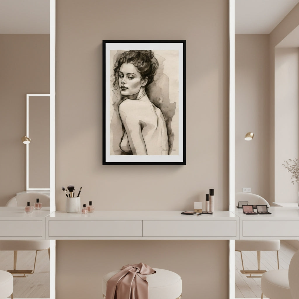 Framed artwork of a nude woman on a wall in a modern interior setting.