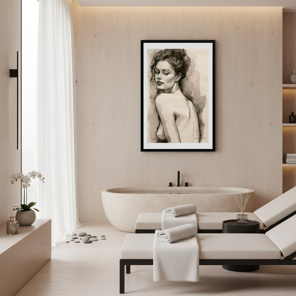 Modern bathroom interior with a framed artwork of a woman on the wall.