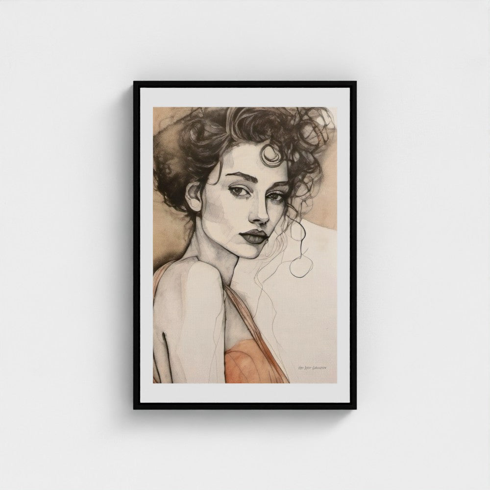 Framed artwork of a woman's portrait on a white wall
