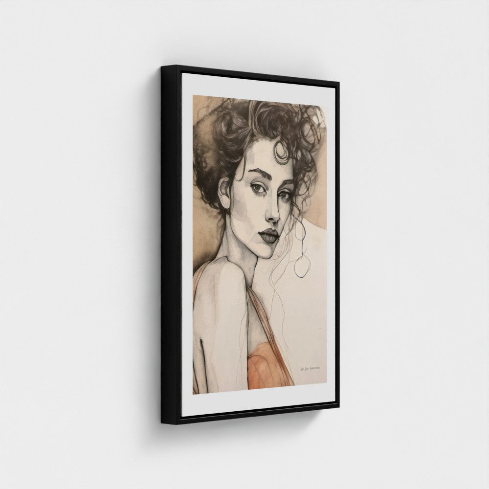 Framed artwork of a woman's portrait on a white wall