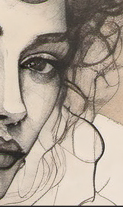 Artistic drawing of a face with detailed lines and shading