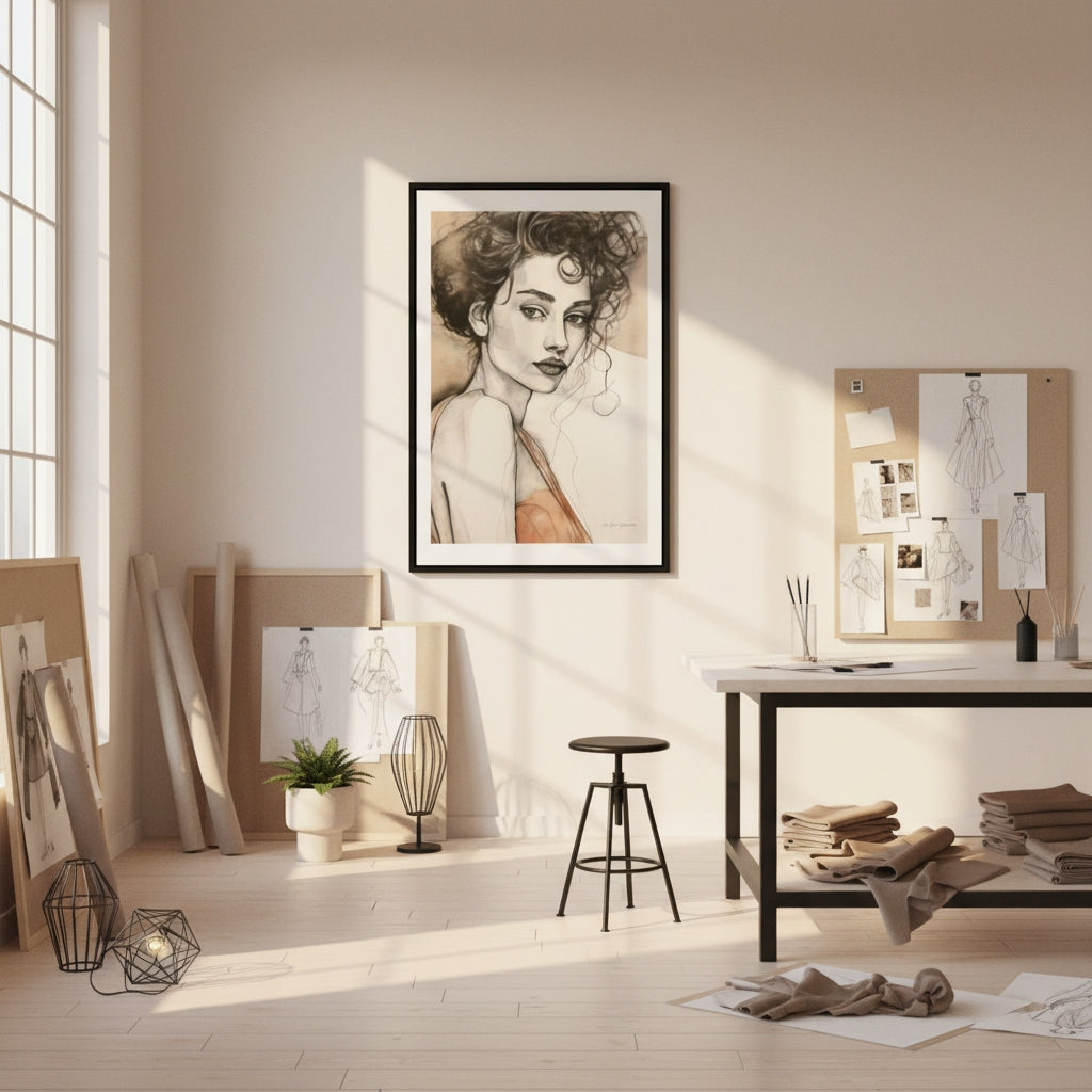 Artistic depiction of a woman in a frame on a wall in a well-lit room with a desk and various items.
