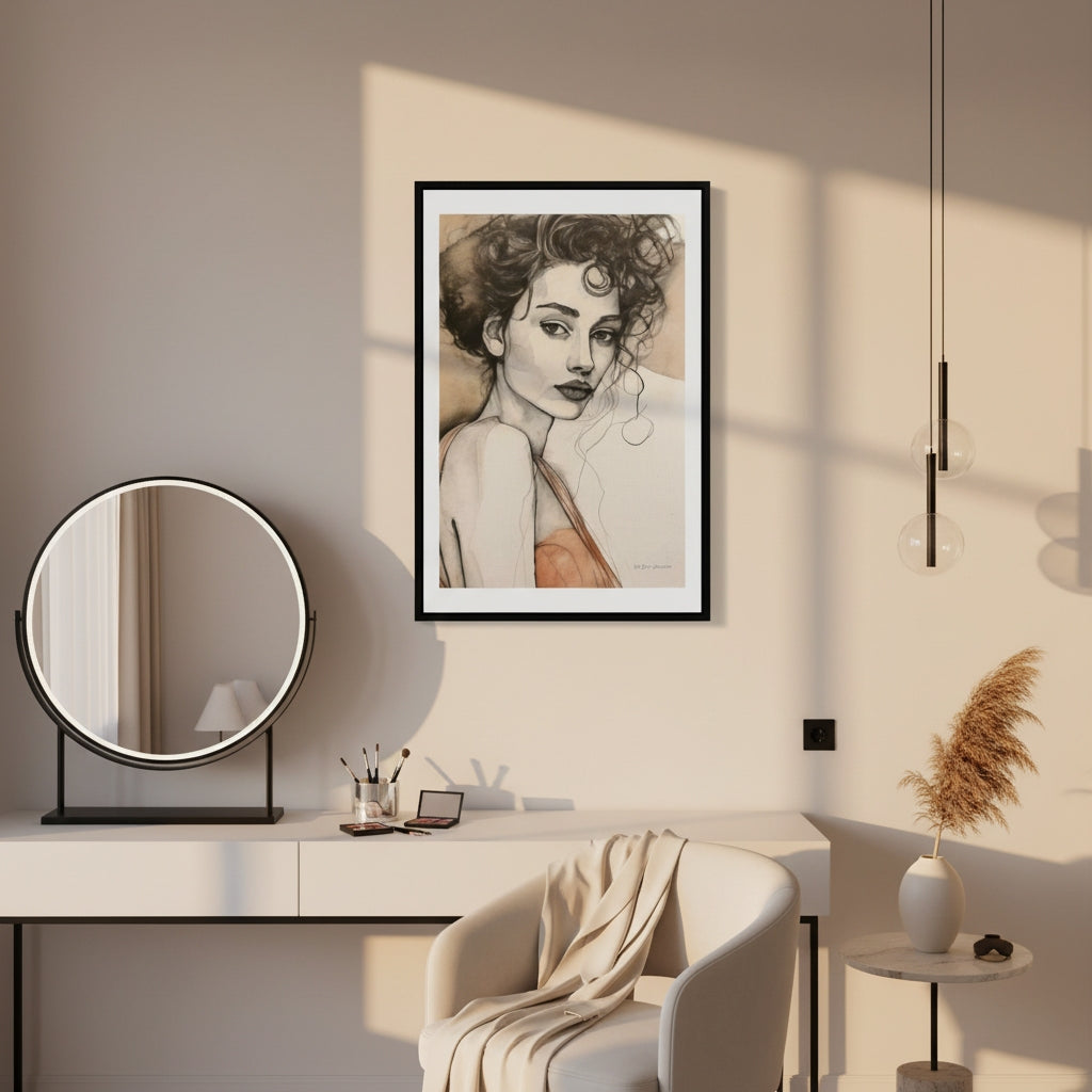 Modern interior with a framed artwork of a woman's portrait above a vanity table.