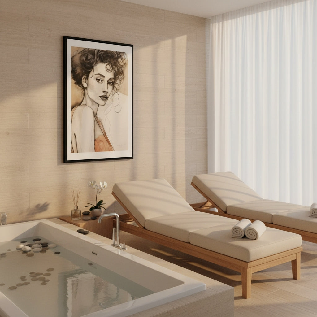 Modern spa interior with a bathtub, lounge chairs, and a framed artwork on the wall.