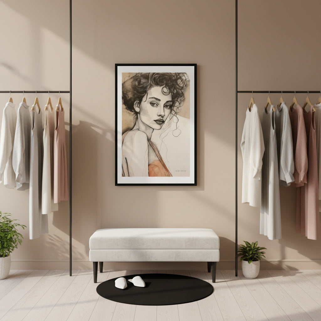 Modern interior with clothing rack, bench, and framed artwork on a wall.