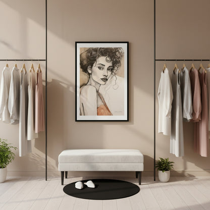 Modern interior with clothing rack, bench, and framed artwork on a wall.