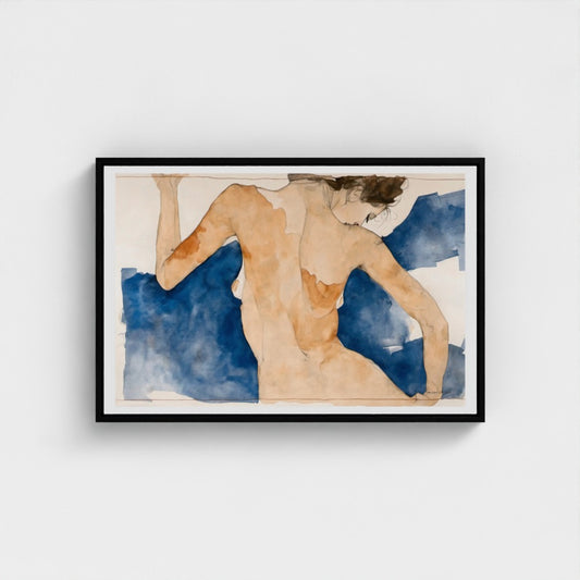 Framed artwork of a nude figure with blue abstract background on a white wall