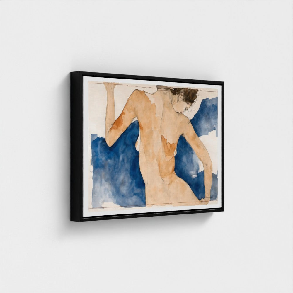 Framed artwork of a nude figure with blue and beige colors on a white wall.