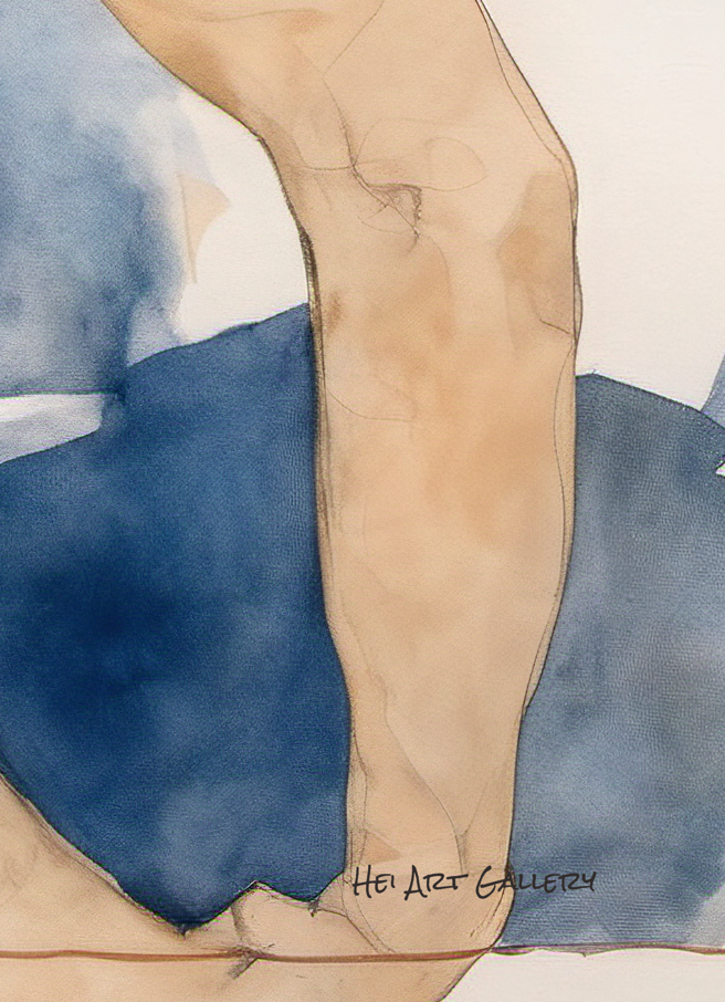 Artistic depiction of a leg with a blue fabric background, signed 'Hei Art Gallery'.