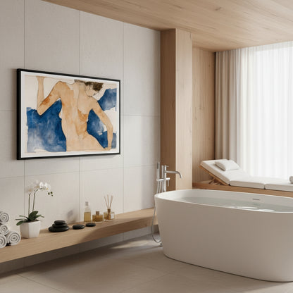 Modern bathroom with a freestanding bathtub, wooden shelf, and framed artwork on the wall.