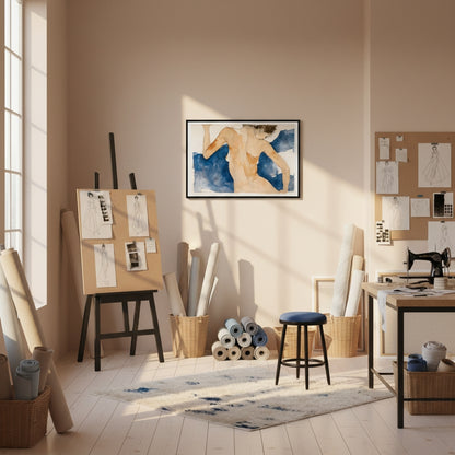 Art studio with easel, paint supplies, and framed artwork on a wall.