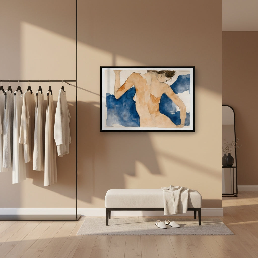 Modern interior with a framed abstract painting on a beige wall, a bench, and a rack of clothes.