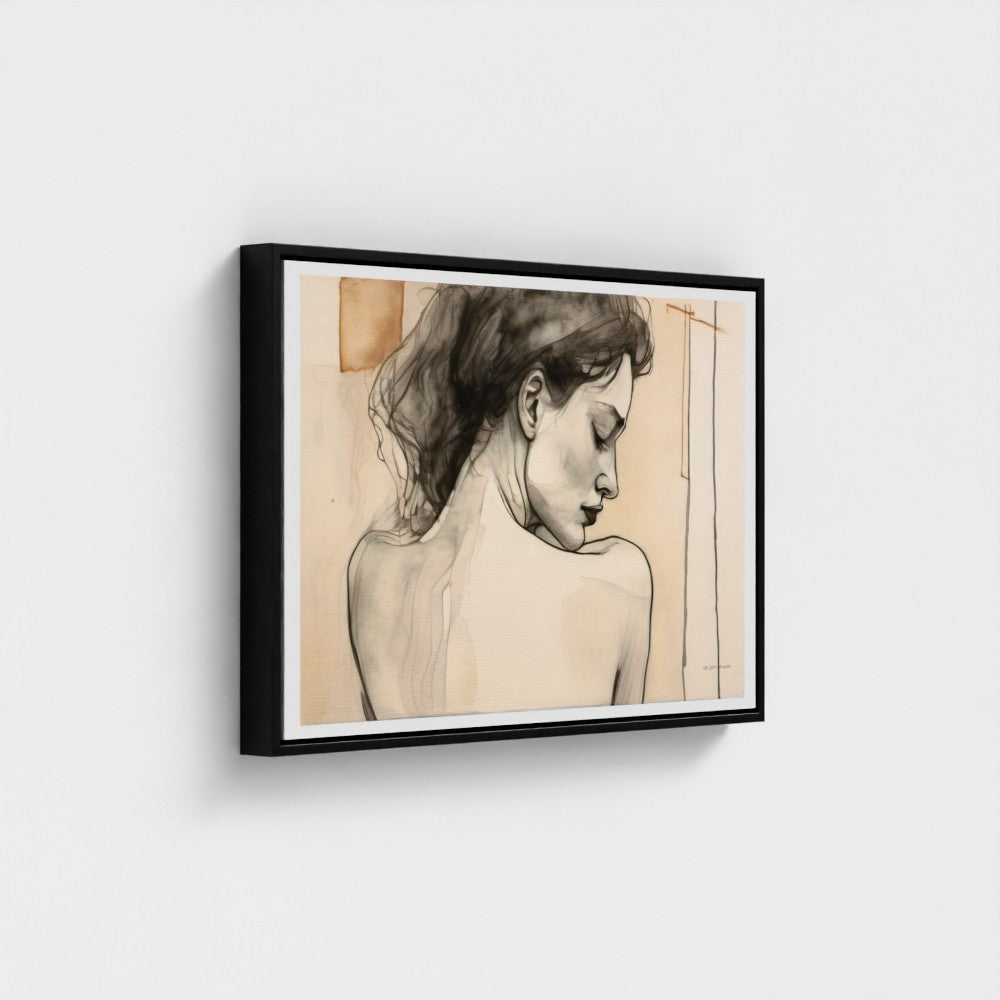 Framed artwork of a woman's profile on a white wall