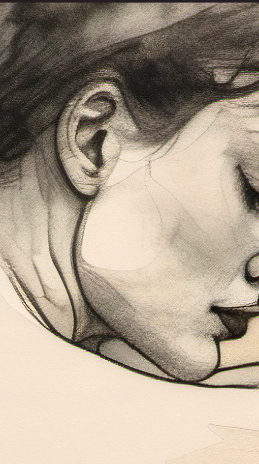 Close-up pencil drawing of a person's face with a neutral expression.