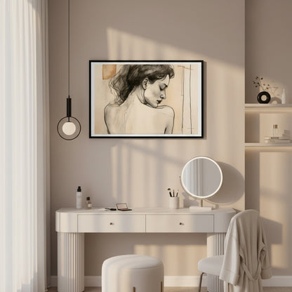 Modern vanity setup with a framed artwork on the wall