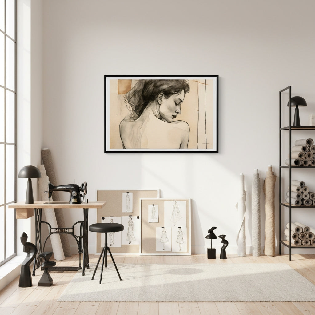 Modern interior with framed artwork on a wall, desk, and shelves.
