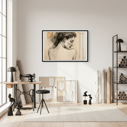 Modern interior with framed artwork on a wall, desk, and shelves.