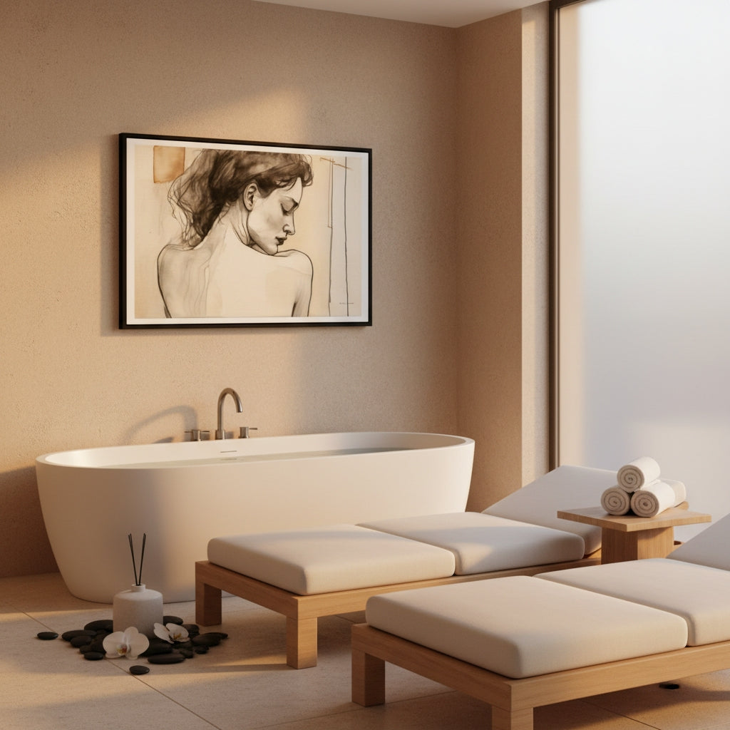 Modern bathroom with a freestanding bathtub, lounge chairs, and framed artwork on the wall.