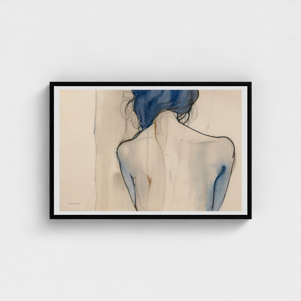 Framed artwork of a woman's back with blue hair on a beige background