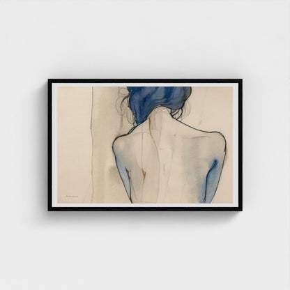 Framed artwork of a woman's back with blue hair on a beige background