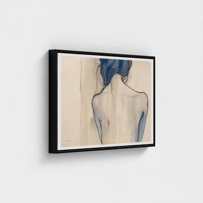 Framed artwork of a stylized human figure with blue accents on a beige background