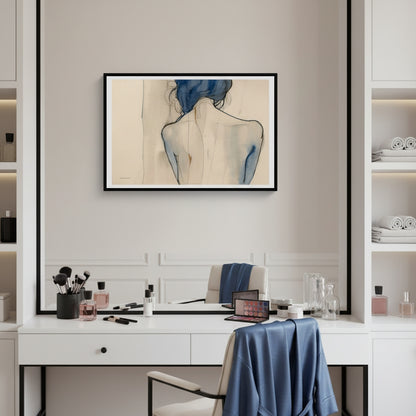 Modern vanity setup with a framed abstract art piece on the wall.