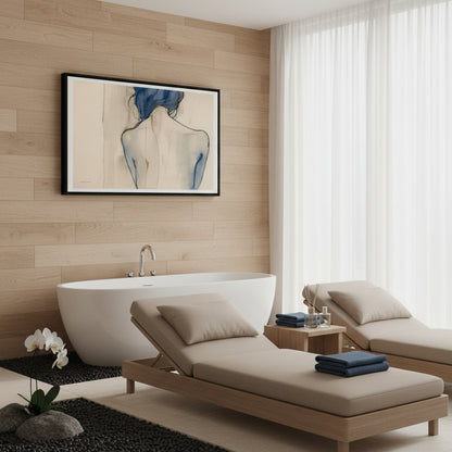 Modern bathroom with freestanding bathtub, lounge chairs, and artwork on the wall.