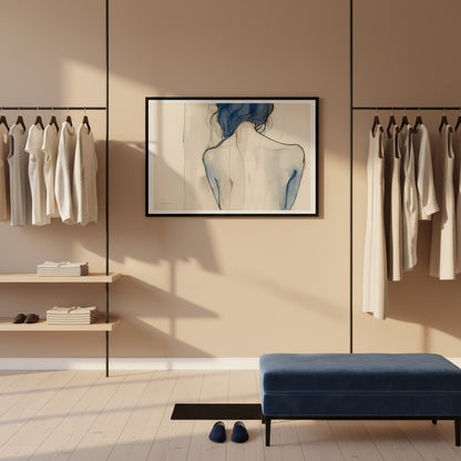 Modern interior with clothing racks, a bench, and a framed artwork on a beige wall.