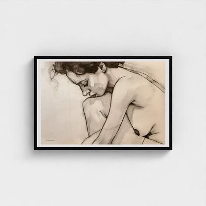 Framed artwork of a nude figure on a plain background